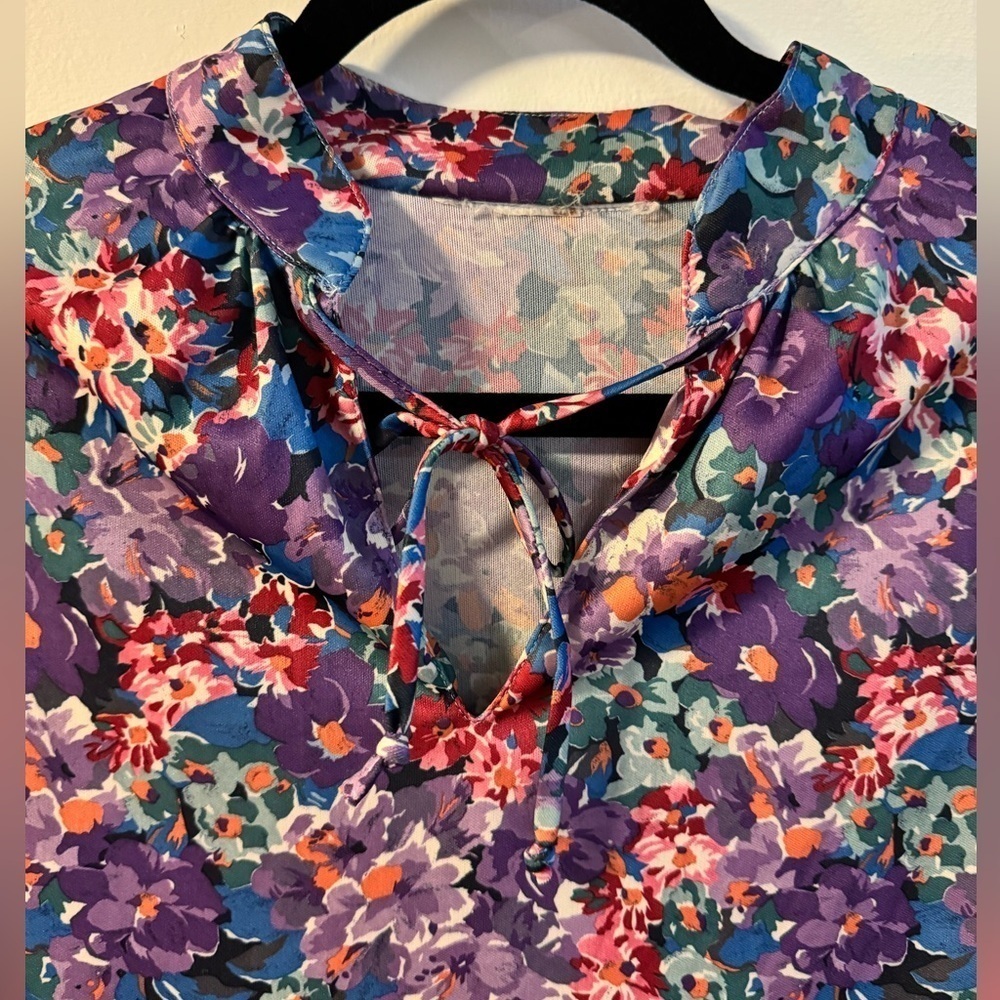 1970’s Floral Flower Power Womens Blouse Bow Tie Top Medium Vintage - Picture 5 of 10